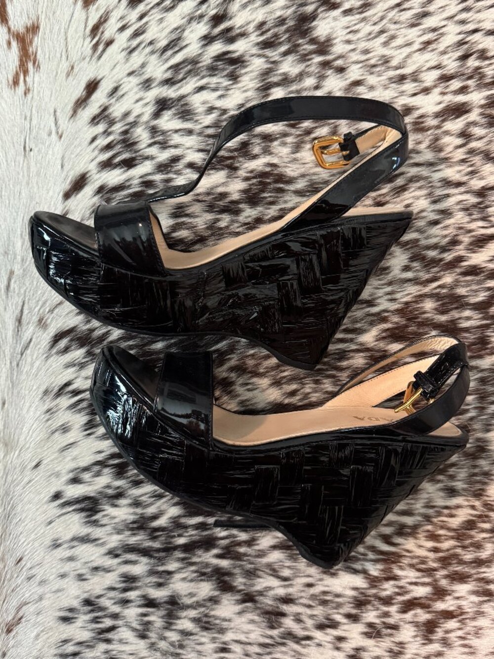 Prada Black Patent Woven Platform Wedge Sandals Size 37